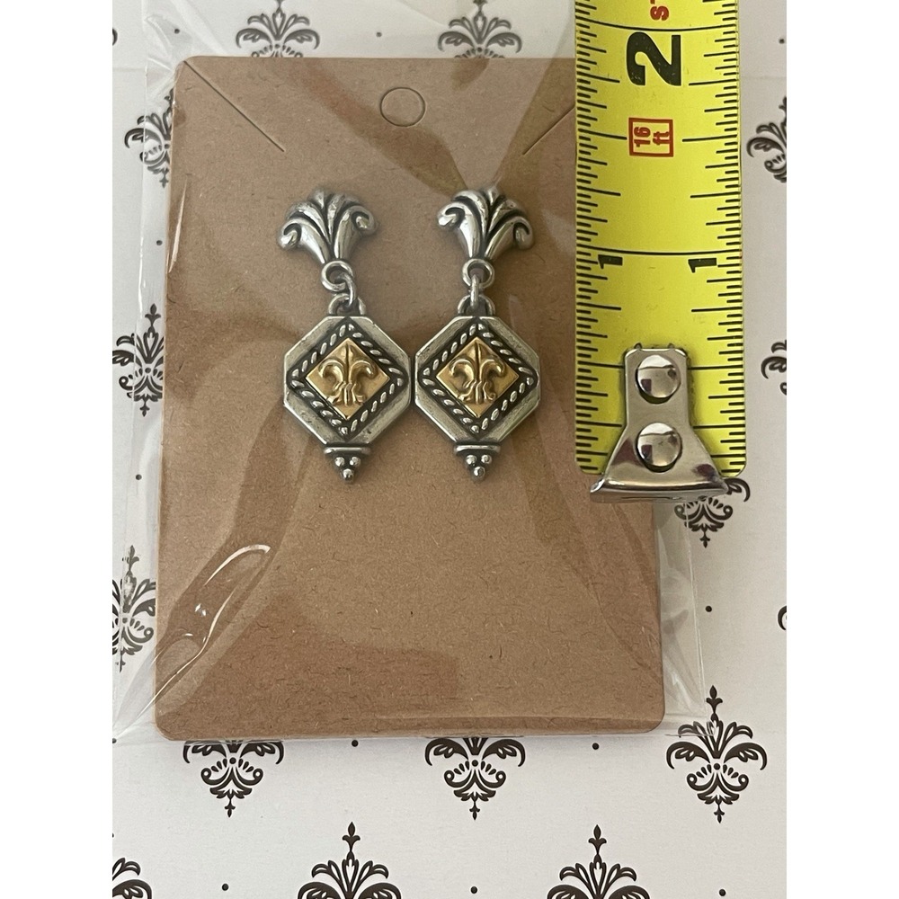 Vintage Brighton Collectibles Retired Two Tone Fleur De Lis Dangle Earrings - Picture 6 of 8